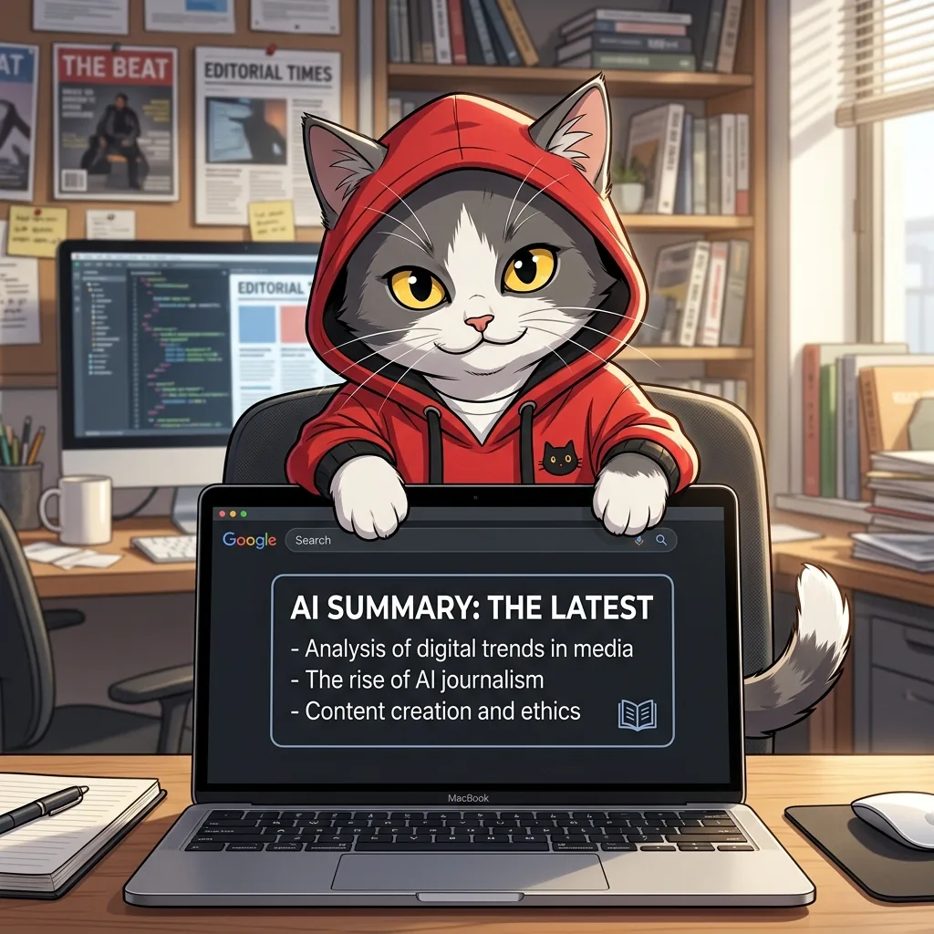 検索結果を見つめるMixと、上部のAI要約に押し下げられた記事リンク