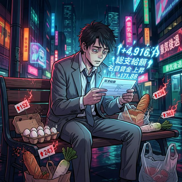 給与明細を見るサラリーマンの周りで縮んでいく食料品