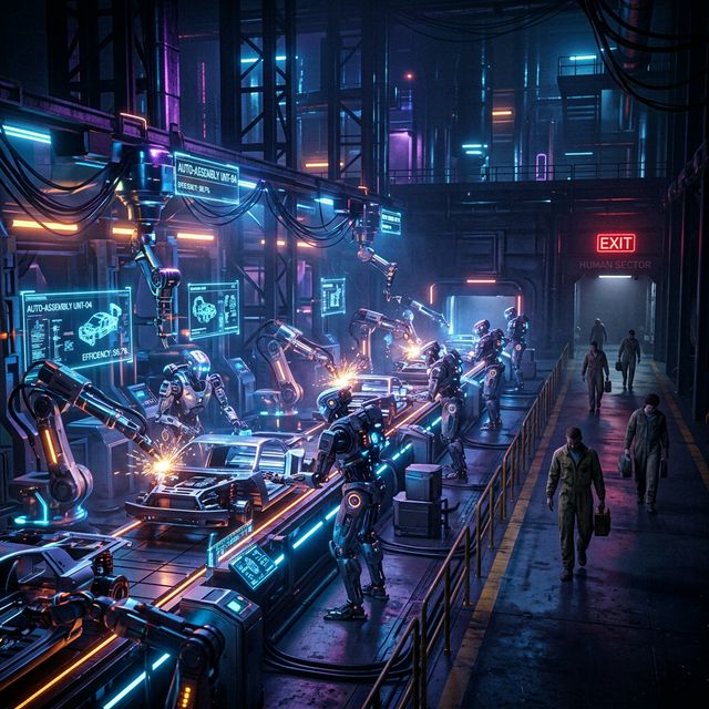 AIロボット工場によって人間が押し出される様子