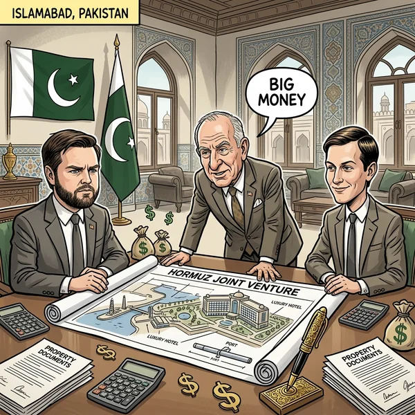 不動産屋3人組がパキスタンでディールを詰める風刺画