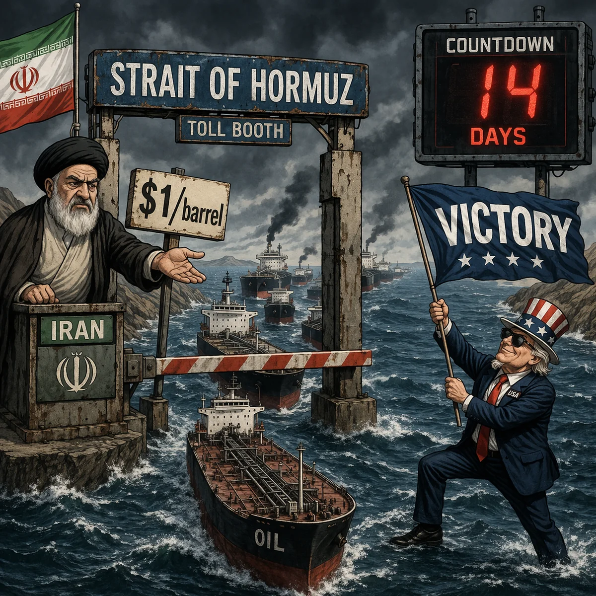 ホルムズ海峡の料金所ゲートでイランが通航料を要求し、アメリカがVICTORYの旗を振る風刺画