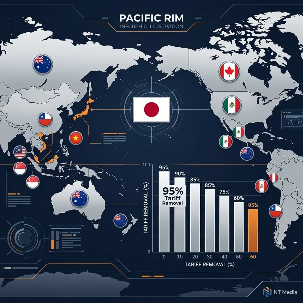TPP加盟国マップと関税撤廃のイメージ