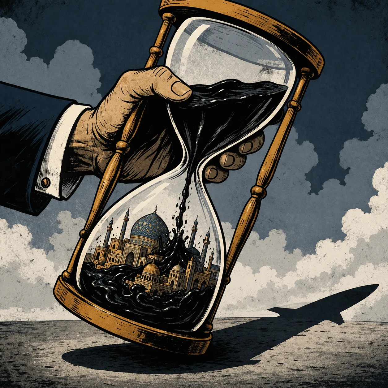 砂時計の中で石油に沈むペルシャ建築の都市の風刺画