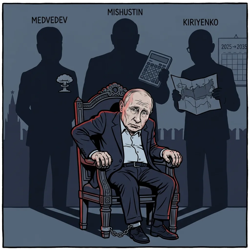 プーチン大統領と背後に迫る後継者3人の影（メドベージェフ・ミシュスチン・キリエンコ）