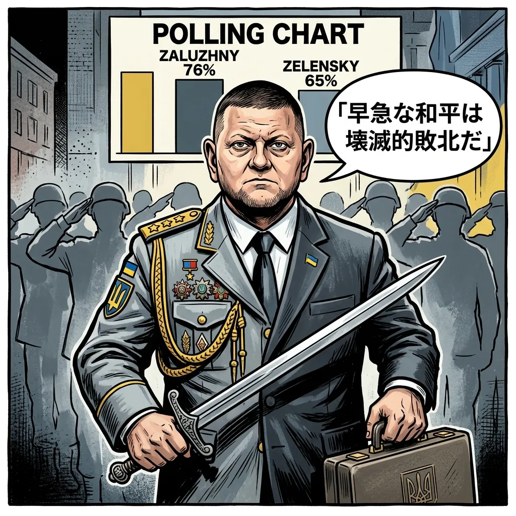 ザルジニー大将（左半身＝将軍軍服、右半身＝大使スーツ）と支持率チャート
